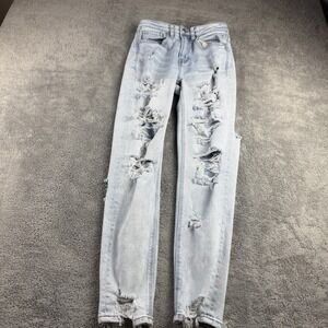 American Eagle Stretch Mom Jeans Womens 00 Regular Blue Light Wash Distressed